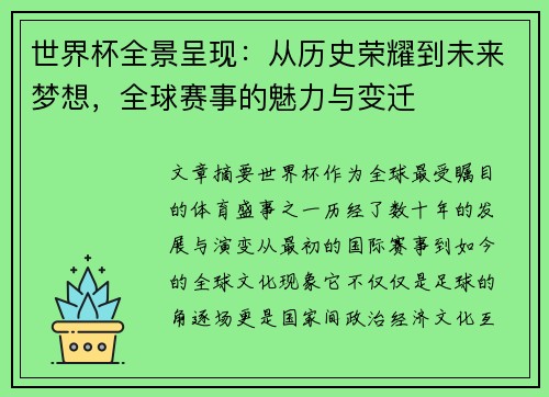 世界杯全景呈现：从历史荣耀到未来梦想，全球赛事的魅力与变迁