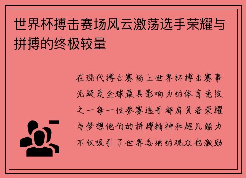 世界杯搏击赛场风云激荡选手荣耀与拼搏的终极较量