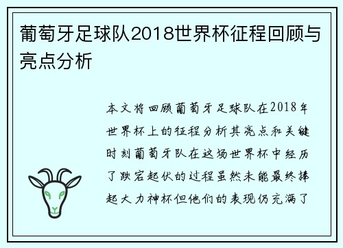 葡萄牙足球队2018世界杯征程回顾与亮点分析