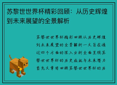 苏黎世世界杯精彩回顾：从历史辉煌到未来展望的全景解析